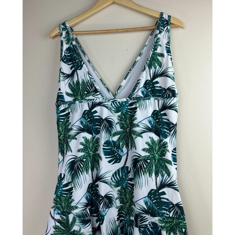 COCOPEAR Women's Tropical Palm Leaf Swim Dress Green White One Piece Size 3XL